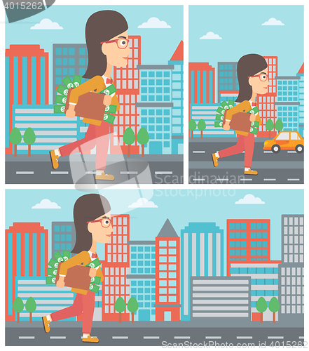 Image of Woman with suitcase full of money.