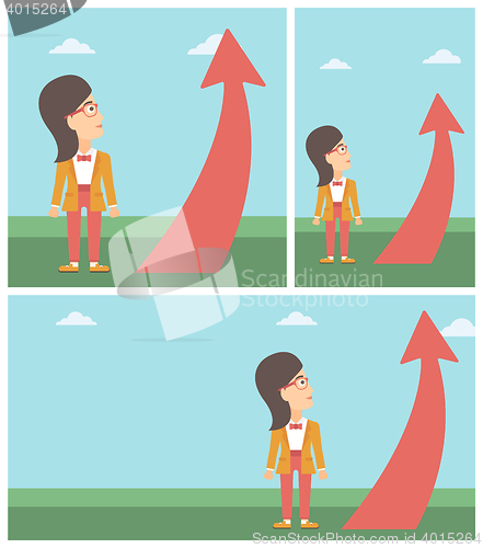 Image of Business woman looking at arrow going up.