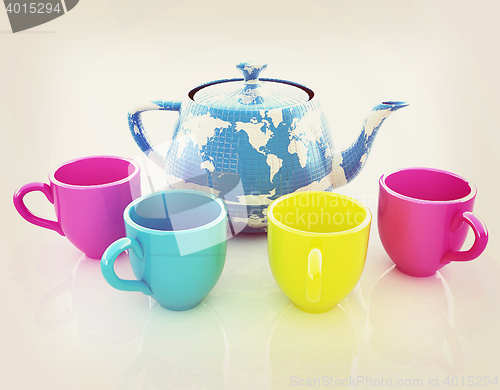 Image of colorfull cups and teapot for earth. 3D illustration. Vintage st