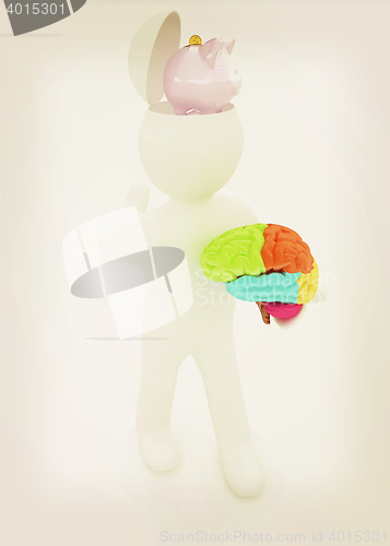 Image of 3d people - man with half head, brain and trumb up. Saving conce