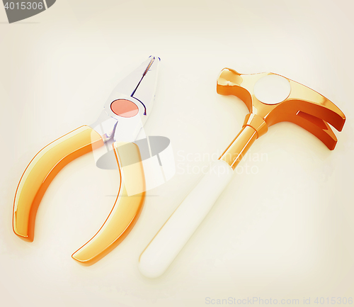 Image of pliers and hammer. 3D illustration. Vintage style.