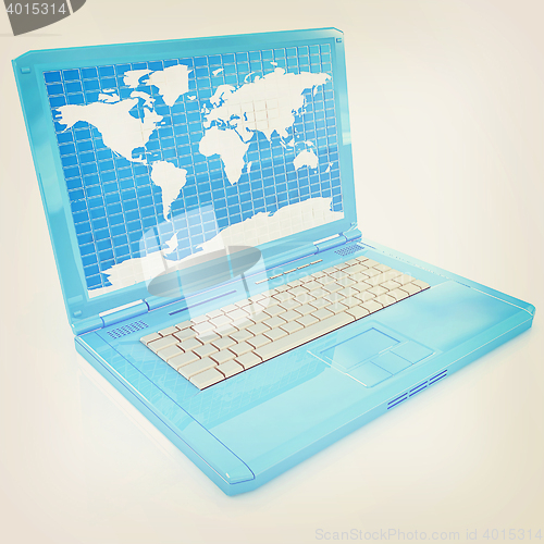 Image of Laptop with world map on screen. 3D illustration. Vintage style.