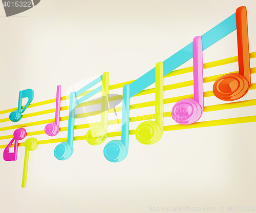 Image of Various music notes on stave. Colorfull 3d. 3D illustration. Vin