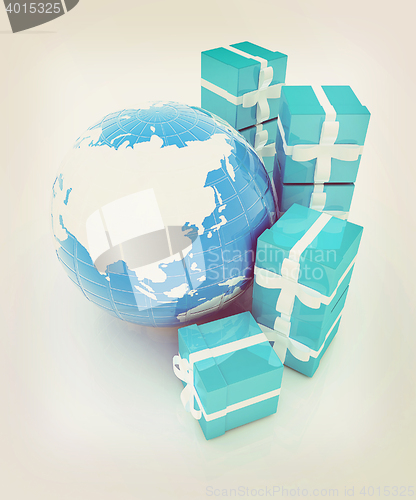 Image of Traditional Christmas gifts and earth. Global holiday concept . 