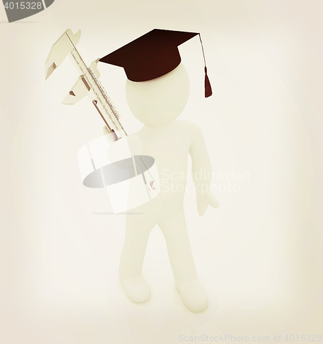 Image of 3d man in graduation hat with vernier caliper . 3D illustration.