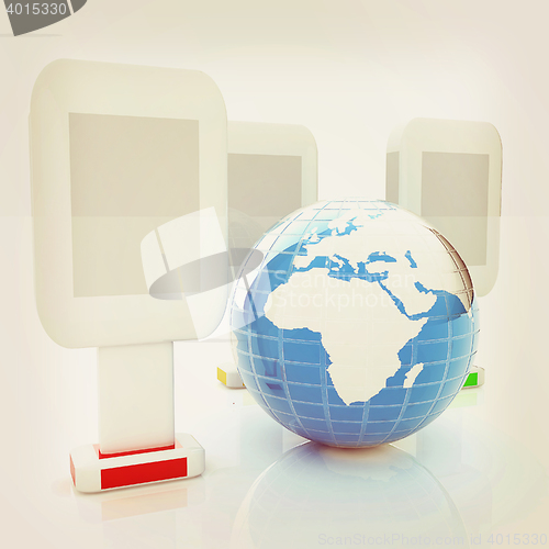 Image of Vertical glossy billboards and earth. 3d illustration on white b