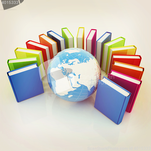 Image of Colorful books and earth. 3D illustration. Vintage style.