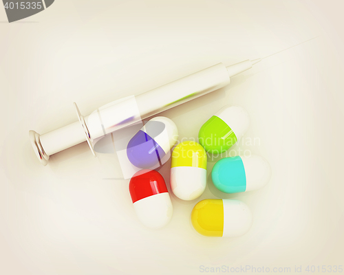 Image of Pills and syringe . 3D illustration. Vintage style.