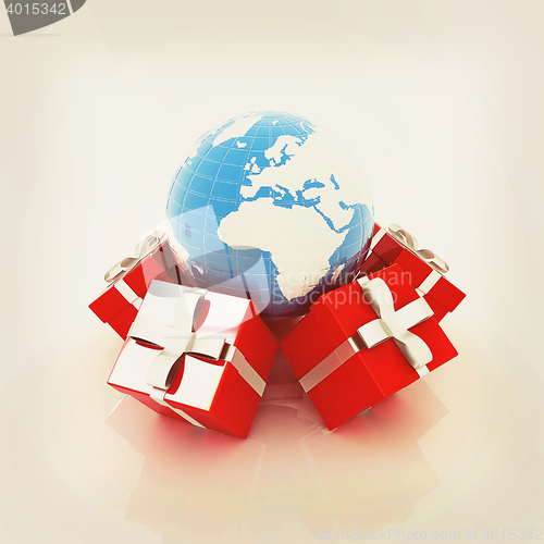 Image of Traditional Christmas gifts and earth. Global holiday concept . 