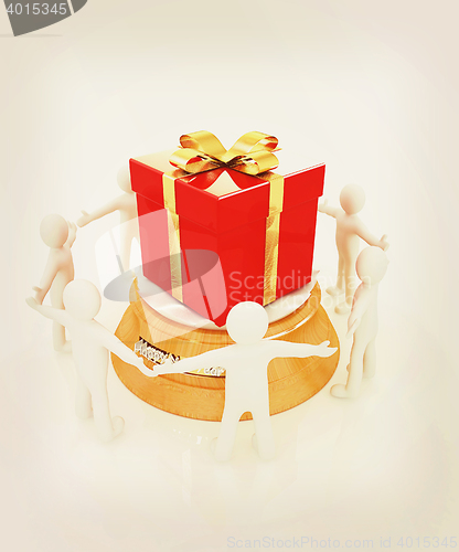 Image of 3d man around red gift with gold ribbon. 3D illustration. Vintag