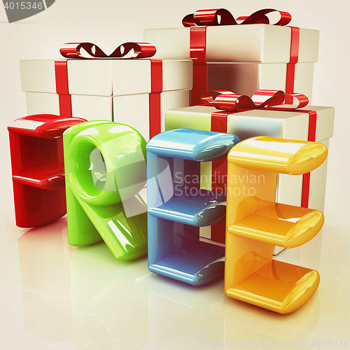 Image of 3d colorfull text \" FREE\" and gifts. 3D illustration. Vintage st