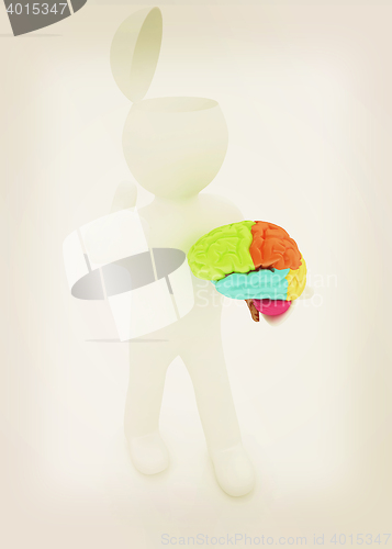 Image of 3d people - man with half head, brain and trumb up. . 3D illustr