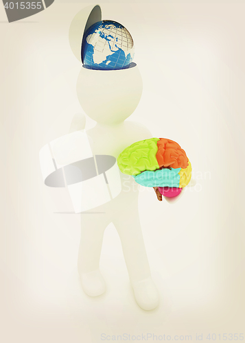 Image of 3d people - man with half head, brain and trumb up. Traveling co