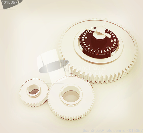 Image of gears with lock. 3D illustration. Vintage style.