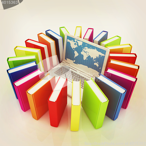 Image of Laptop and books . 3D illustration. Vintage style.