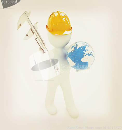 Image of 3d man engineer in hard hat with vernier caliper and Earth. 3D i
