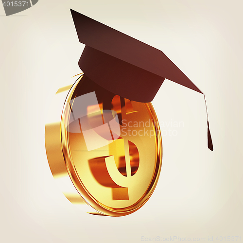 Image of Graduation hat on gold dollar coin. 3D illustration. Vintage sty