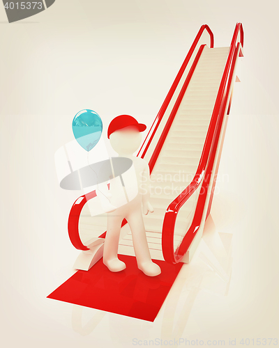 Image of Escalator and 3d man with balloon . 3D illustration. Vintage sty