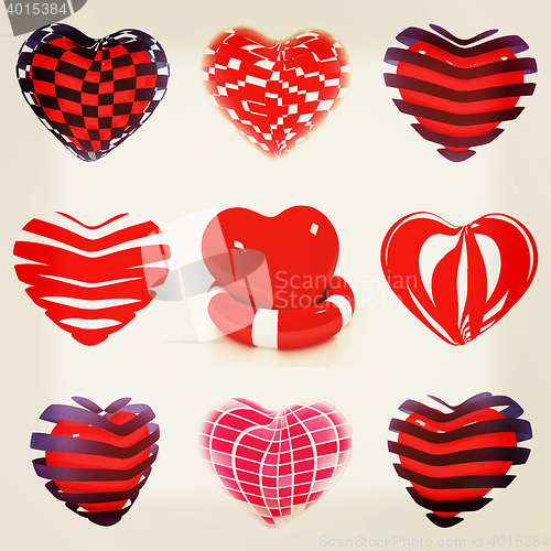 Image of Set of 3d beautiful red heart. 3D illustration. Vintage style.