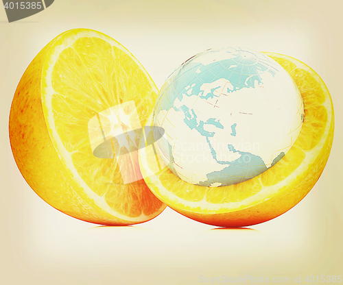 Image of Earth on orange fruit. Creative conceptual image. . 3D illustrat