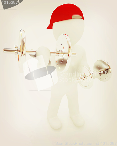 Image of 3d man with metal dumbbells . 3D illustration. Vintage style.