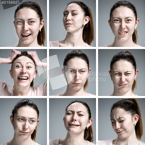 Image of Set of young woman\'s portraits with different emotions