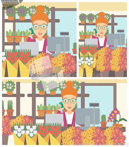 Image of Florist at flower shop vector illustration.