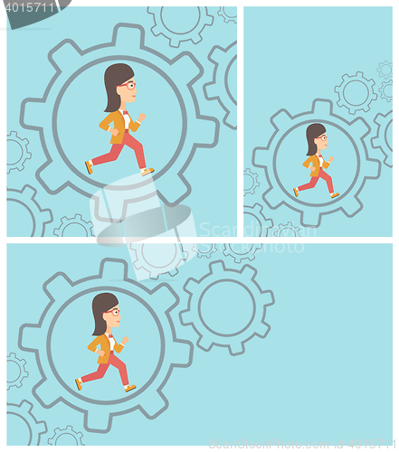 Image of Business woman running inside the gear.