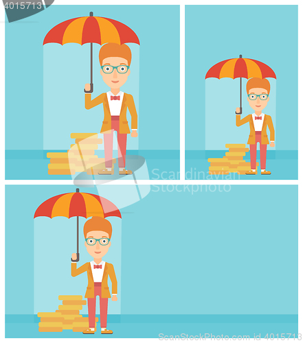 Image of Business woman with umbrella protecting money.