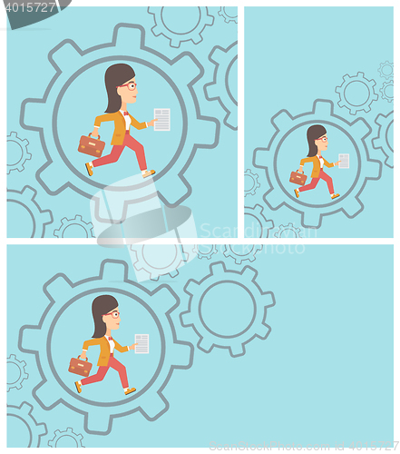 Image of Business woman running inside the gear.