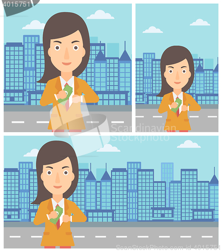 Image of Woman putting money in pocket vector illustration.