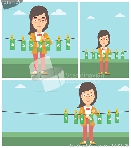 Image of Woman loundering money vector illustration.