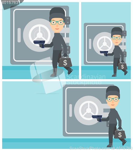 Image of Burglar with gun near safe vector illustration.