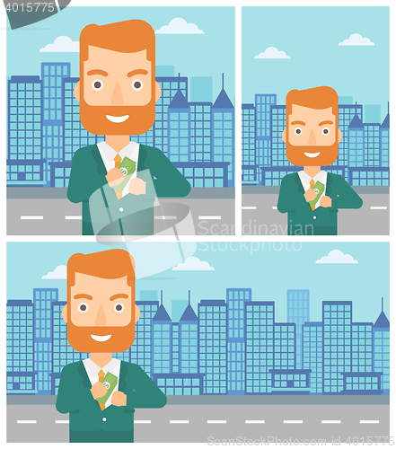 Image of Man putting money in pocket vector illustration.