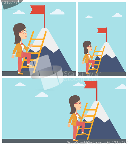 Image of Business woman climbing on mountain.