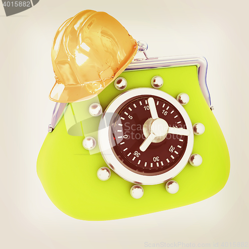 Image of hard hat on purse safe. 3D illustration. Vintage style.