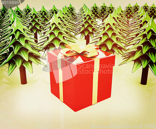 Image of Christmas trees and gift. 3D illustration. Vintage style.