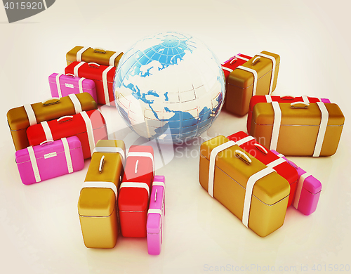 Image of travel bags and earth on white . 3D illustration. Vintage style.
