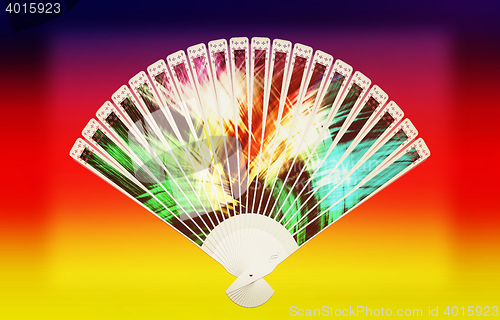 Image of Colorful hand fan . 3D illustration. Vintage style.