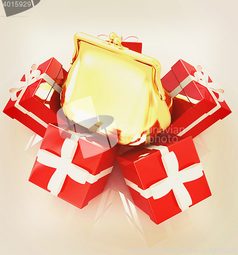 Image of A luxury gold purse on gifts. 3D illustration. Vintage style.