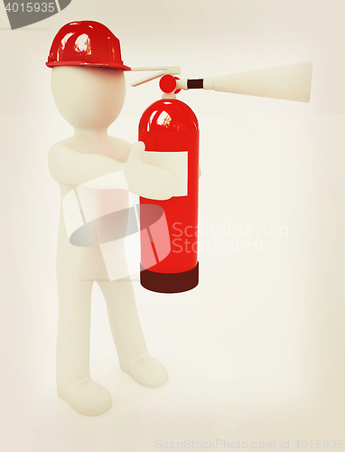 Image of 3d man in hardhat with red fire extinguisher . 3D illustration. 