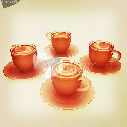 Image of Coffee cups on saucer. 3D illustration. Vintage style.