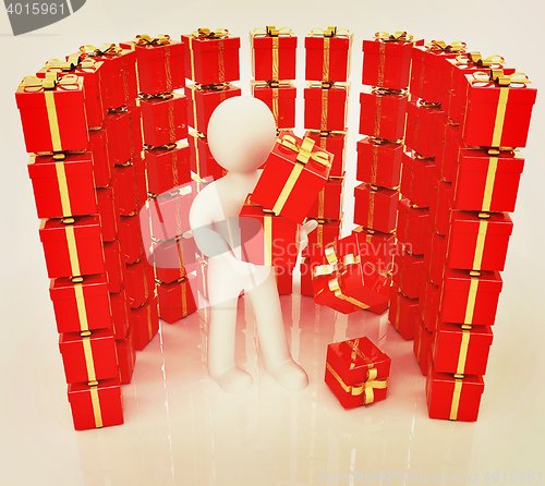 Image of ?? ????? ???? 3d man and red gifts with gold ribbon. 