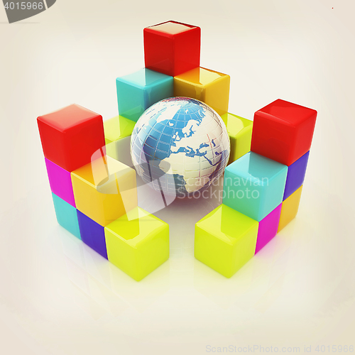 Image of colorful block diagram. Global concept. 3D illustration. Vintage