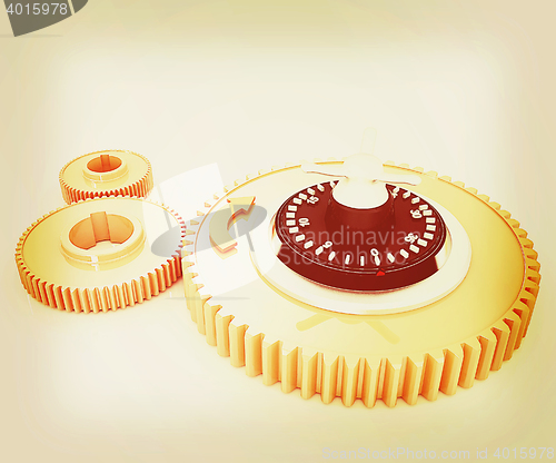 Image of gears with lock. 3D illustration. Vintage style.