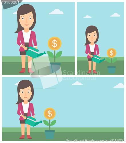 Image of Business woman watering money flower.