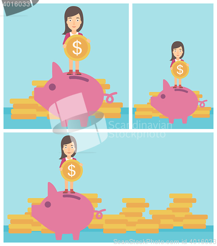 Image of Business woman putting coin in piggy bank.