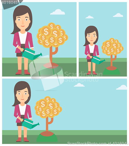 Image of Woman watering money tree vector illustration.