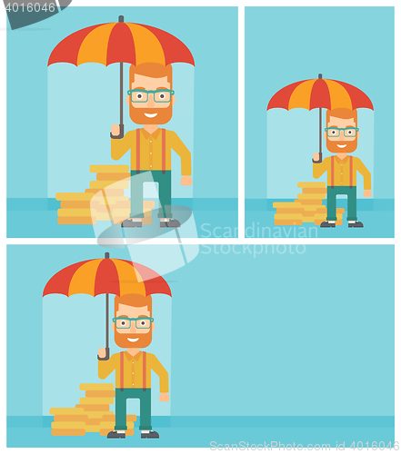 Image of Businessman with umbrella protecting money.