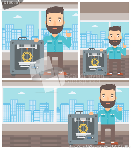 Image of Man with three D printer vector illustration.